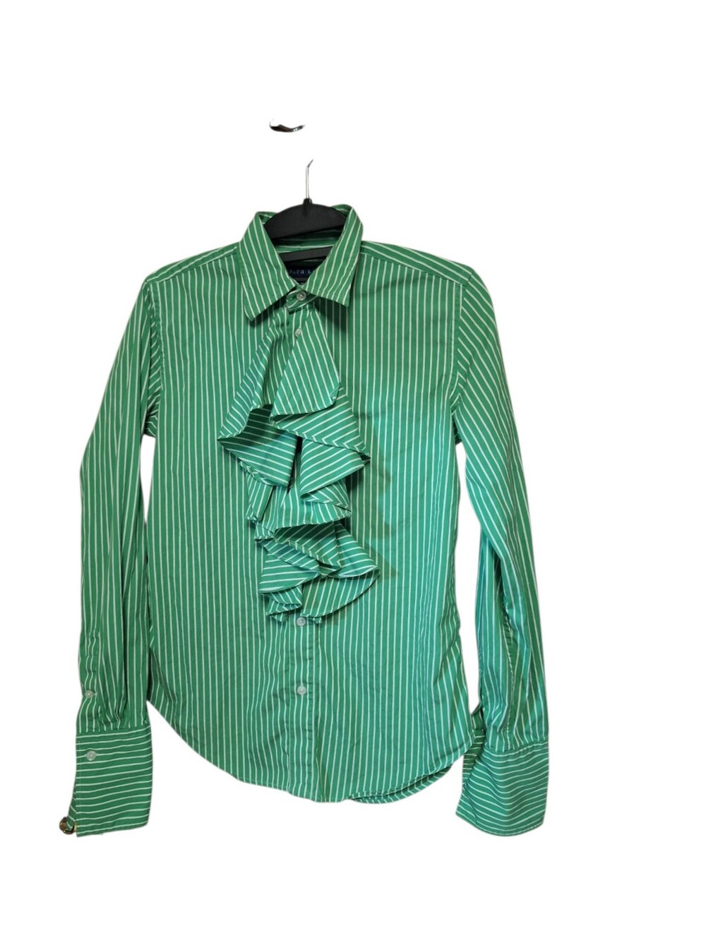 Ralph Lauren 100% Cotton Green White Striped Ruffled Long Sleeved Blouse Ladies